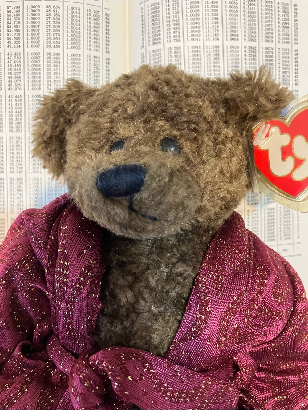Ty Brown Teddy with Plum Sparkle Wrap